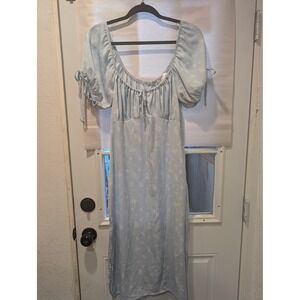 PacSun‎ Floral Midi Dress Cottagecore Puff Sleeve Tie Light Blue M 0174